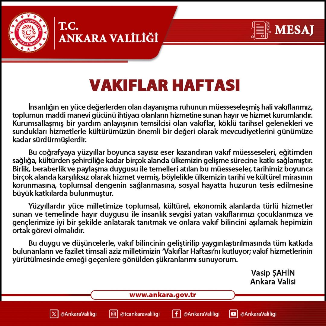 Vali Vasip Şahin'in Vakıflar Haftası Mesajı