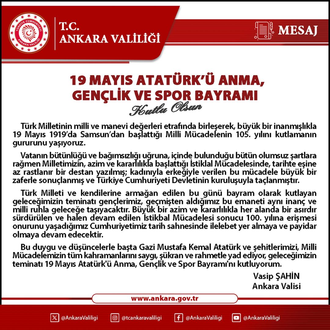 Vali Vasip Şahin'den 19 Mayıs Mesajı