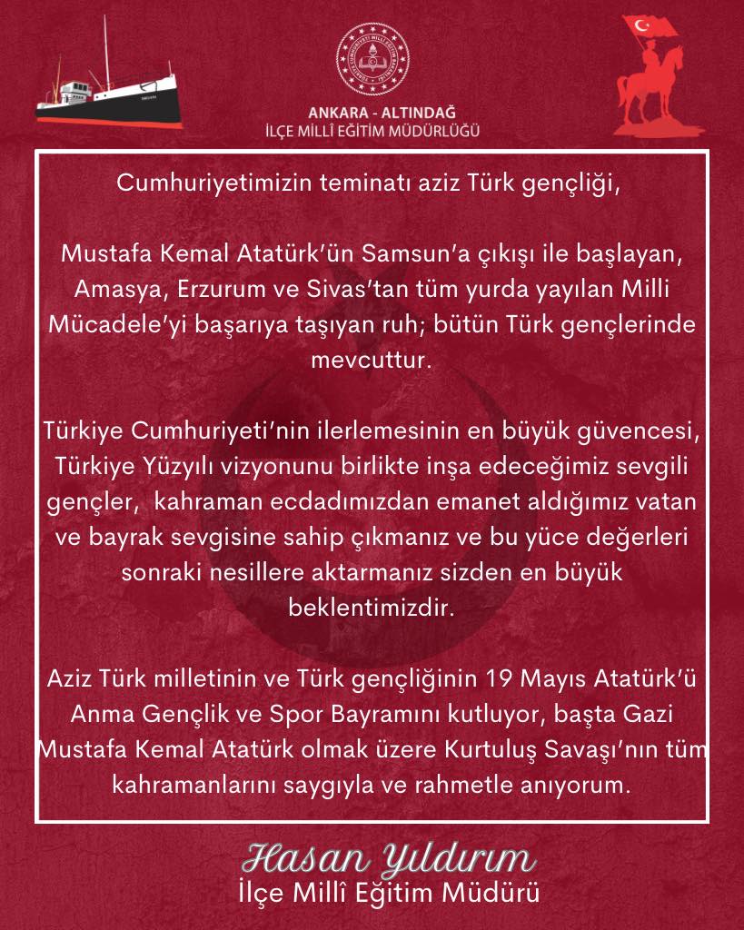 Altındağ İlçe Milli Eğitim Müdürü'nden 19 Mayıs Mesajı